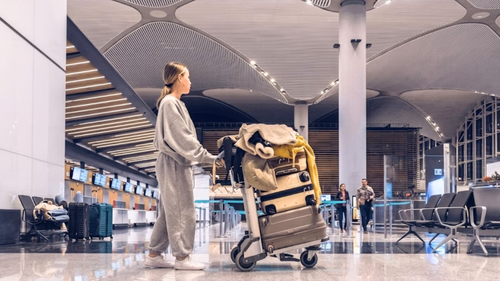 Traveler standing with stacked luggage on a cart inside an airport terminal.
