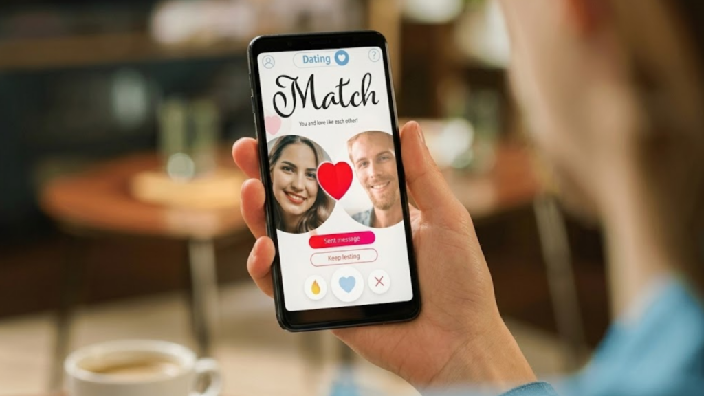 Person using a dating app showing a match on a smartphone.
